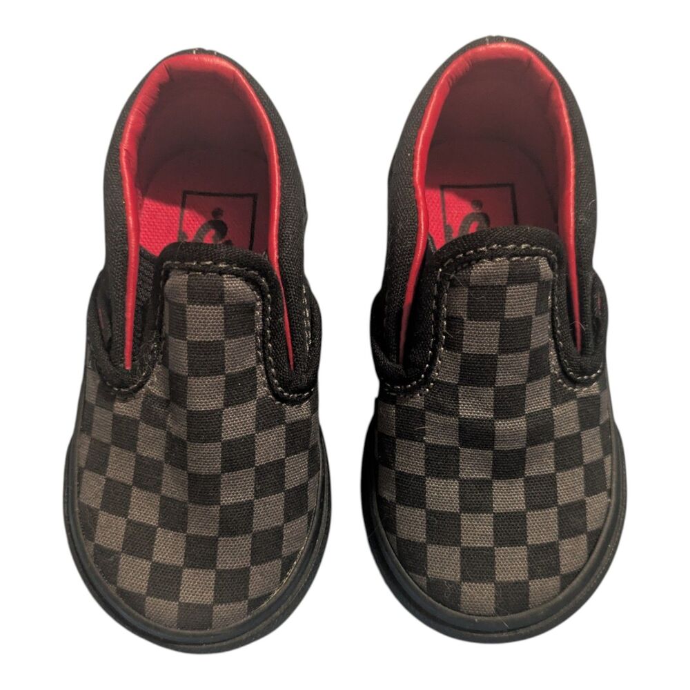 Vans Toddler Slip On Shoes Size 4.5 Black Gray Checkerboard Red Lining